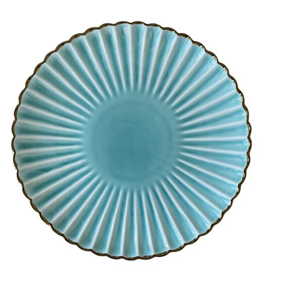 Aqua Ceramic Dinner Plates 11" Turquoise Scalloped Edge Gold Accent Set of 4 New - Picture 8 of 16